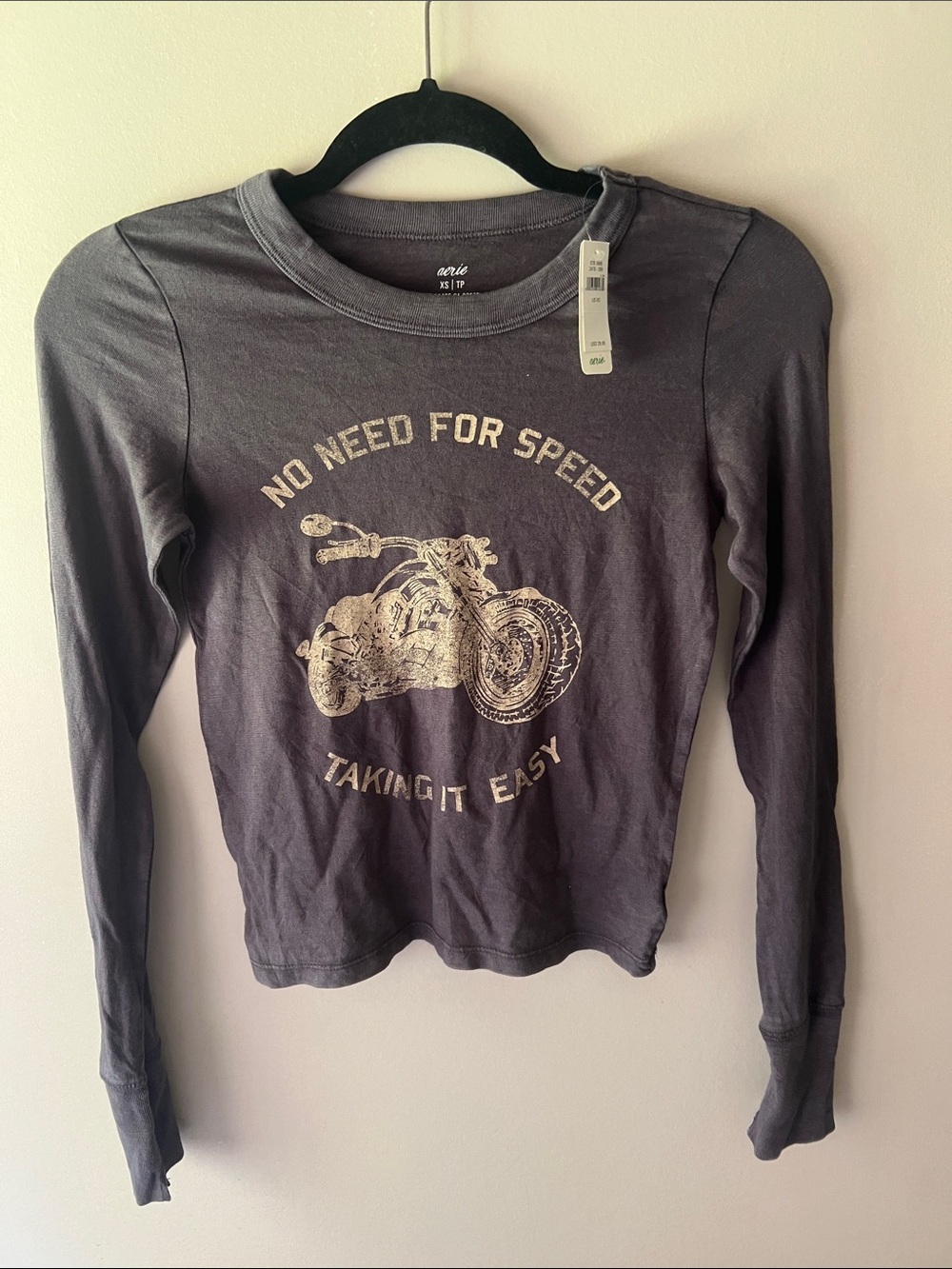 aerie Long-Sleeve Graphic Tee in Charcoal with Cream Print